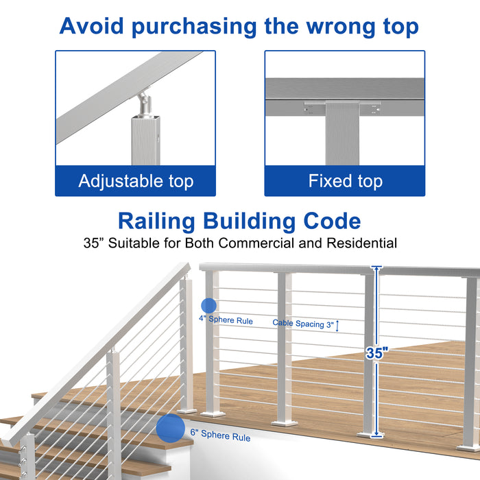 BLIKA 42" Brushed Stainless Steel Pre-Drilled Cable Railing Post for Stair Installations