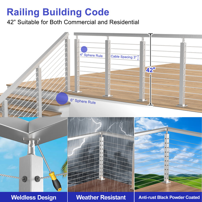 BLIKA 42" Brushed Stainless Steel Pre-Drilled Cable Railing Post for Stair Installations