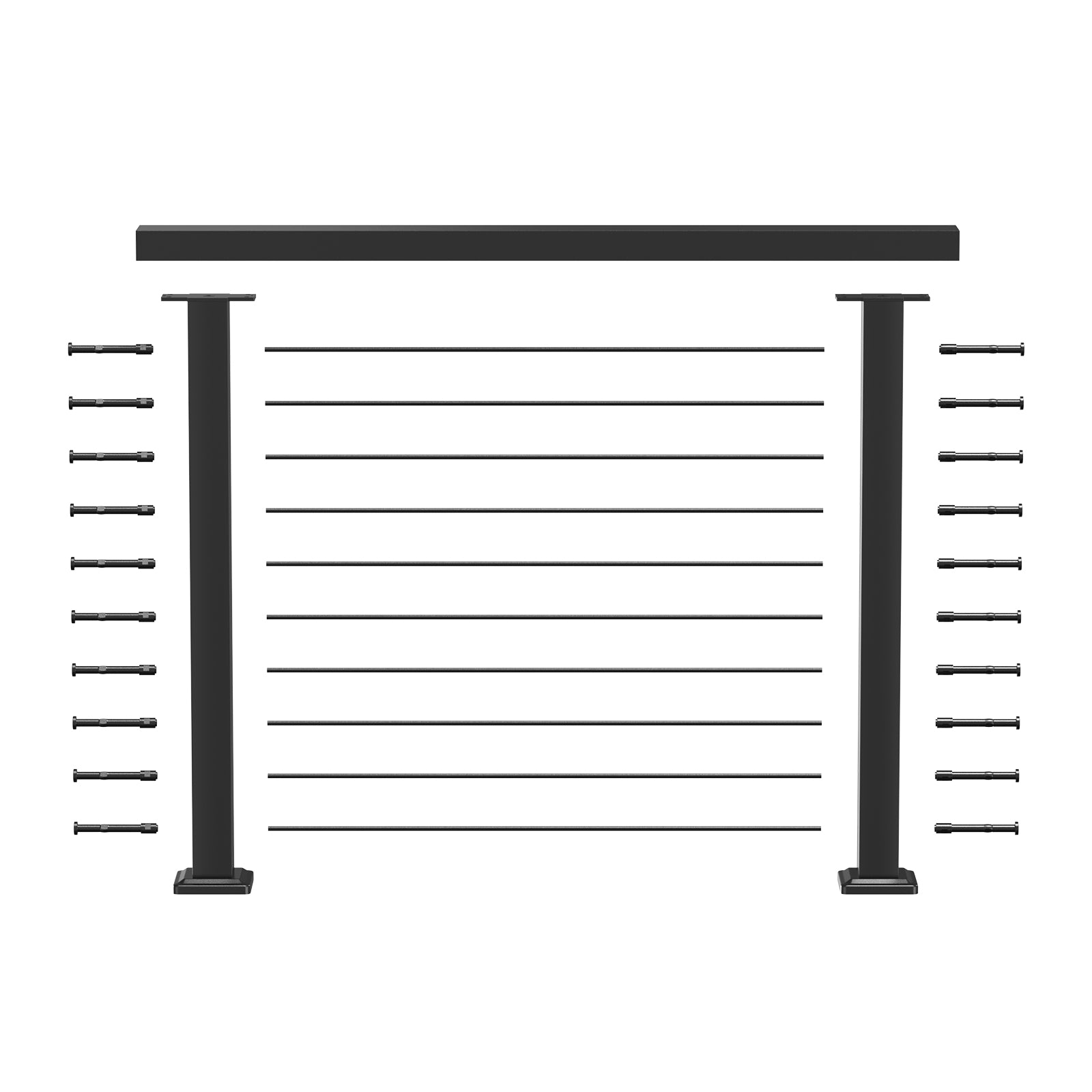 BLIKA Custom Cable Railing Kit with Matte Black Metal Posts. Complete modern system including top handrail, stainless steel wire, and terminals.