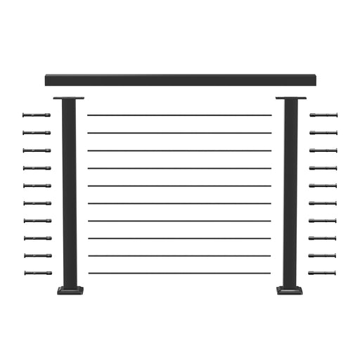 BLIKA Custom Cable Railing Kit with Matte Black Metal Posts. Complete modern system including top handrail, stainless steel wire, and terminals.