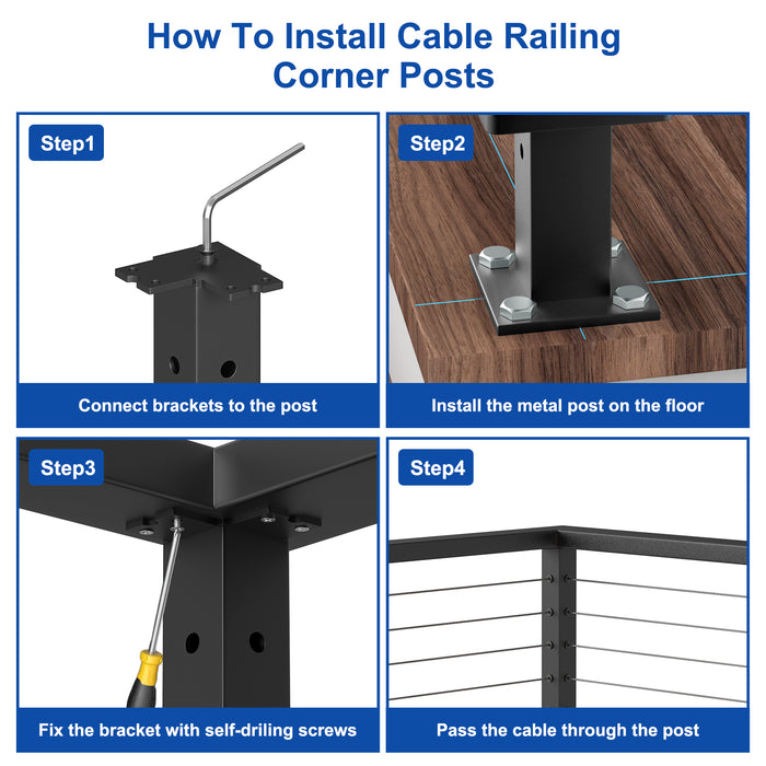 BLIKA 36" Level Drilled Cable Railing Corner Post