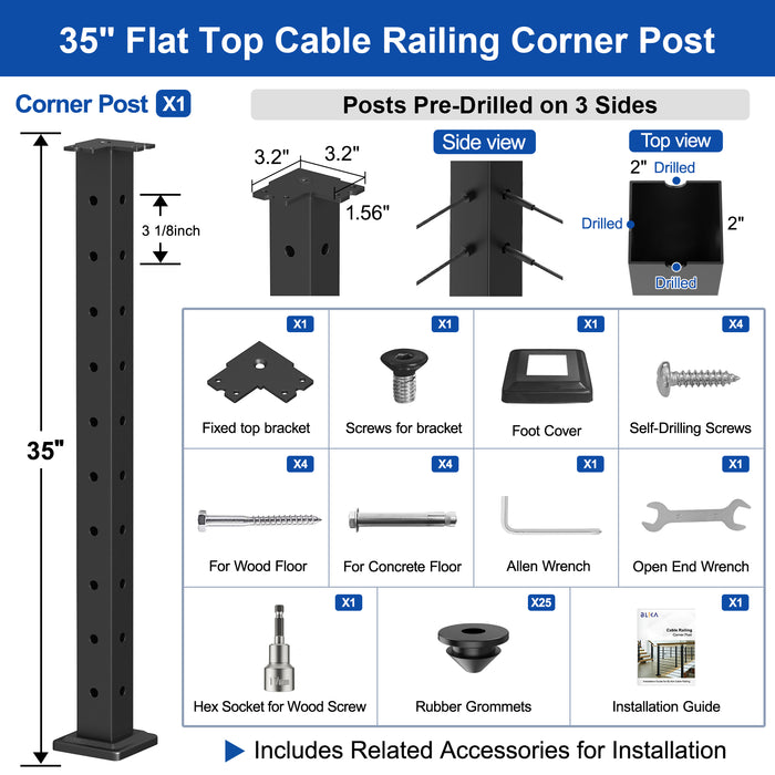BLIKA 36" Level Drilled Cable Railing Corner Post