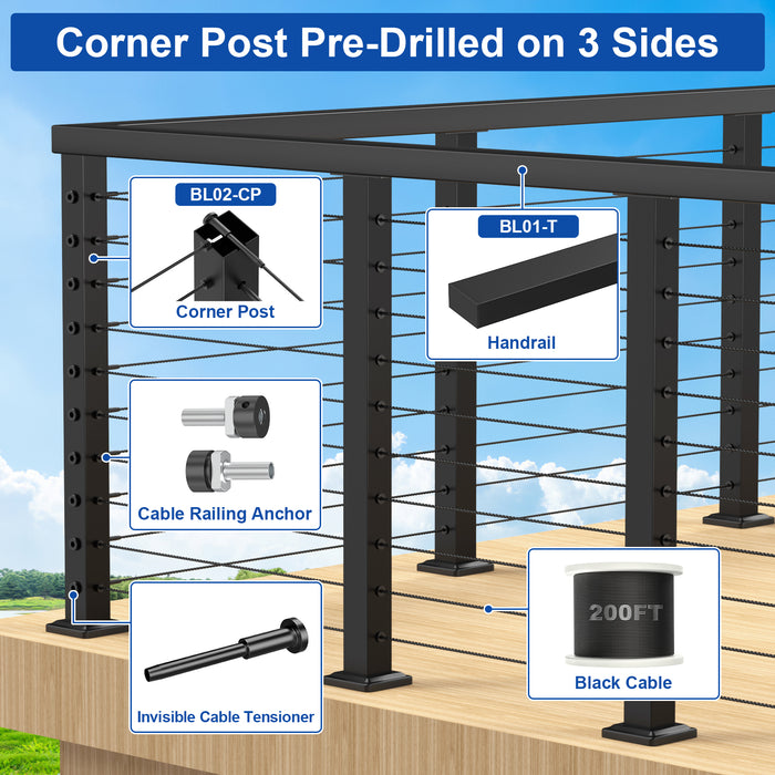 BLIKA 36" Level Drilled Cable Railing Corner Post