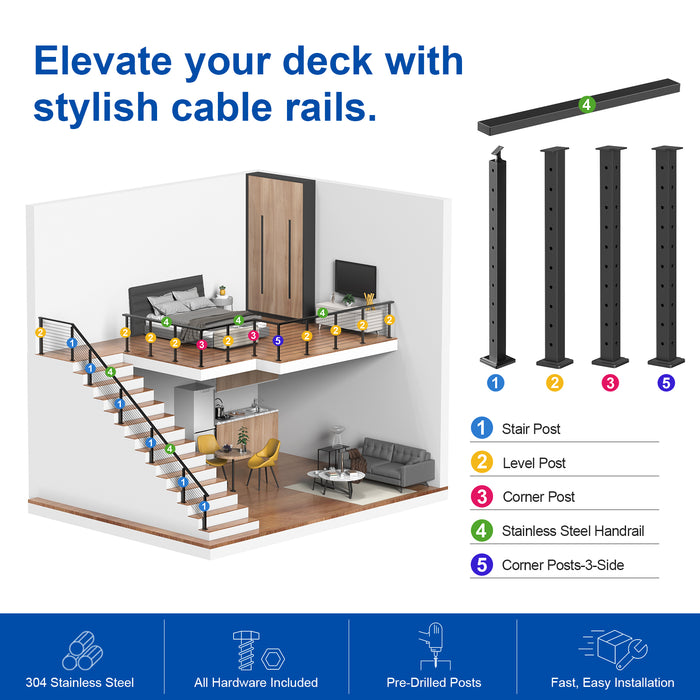 BLIKA 36" Level Drilled Cable Railing Corner Post
