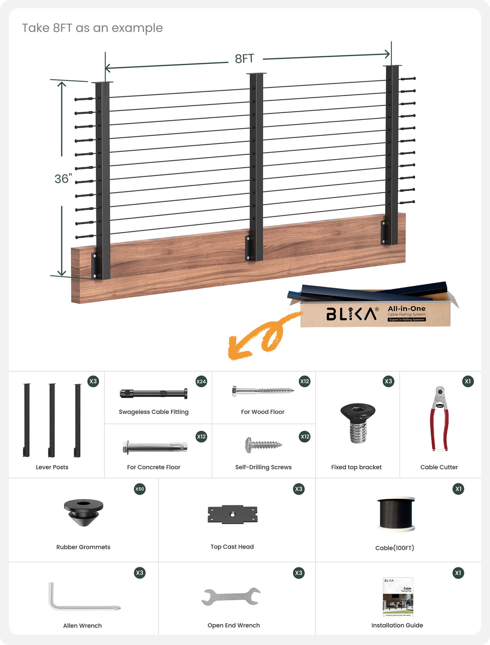 BLIKA 42'' Black Side Mount Cable Railing System DIY Kit (4FT - 20FT,