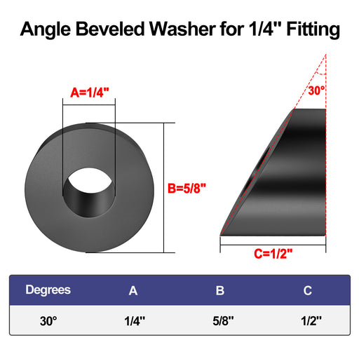 Technical dimensional drawing of 1/4" ID black beveled washer for 1/8" cable railing terminals.