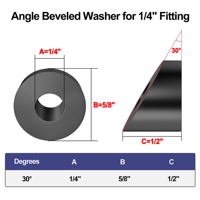 Technical dimensional drawing of 1/4" ID black beveled washer for 1/8" cable railing terminals.