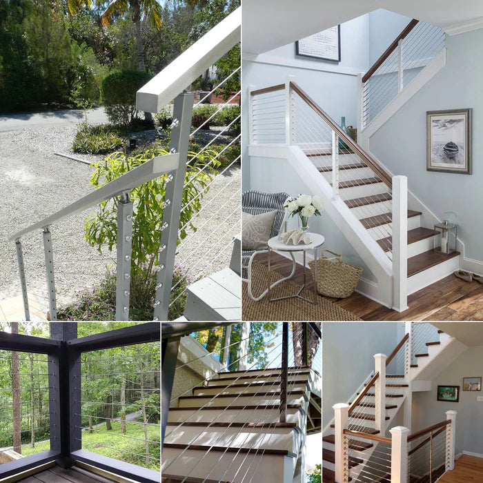 Inspiration gallery of 1/8 inch cable railing installed on modern indoor stairs and outdoor wooden decks.