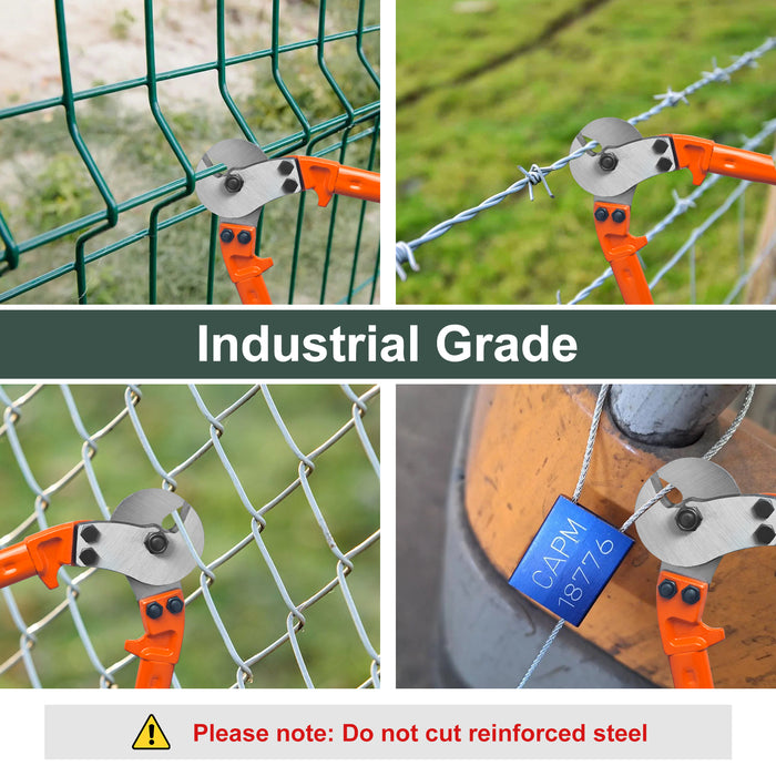 18" heavy duty wire rope cutter being used for commercial-grade cable railing installation.