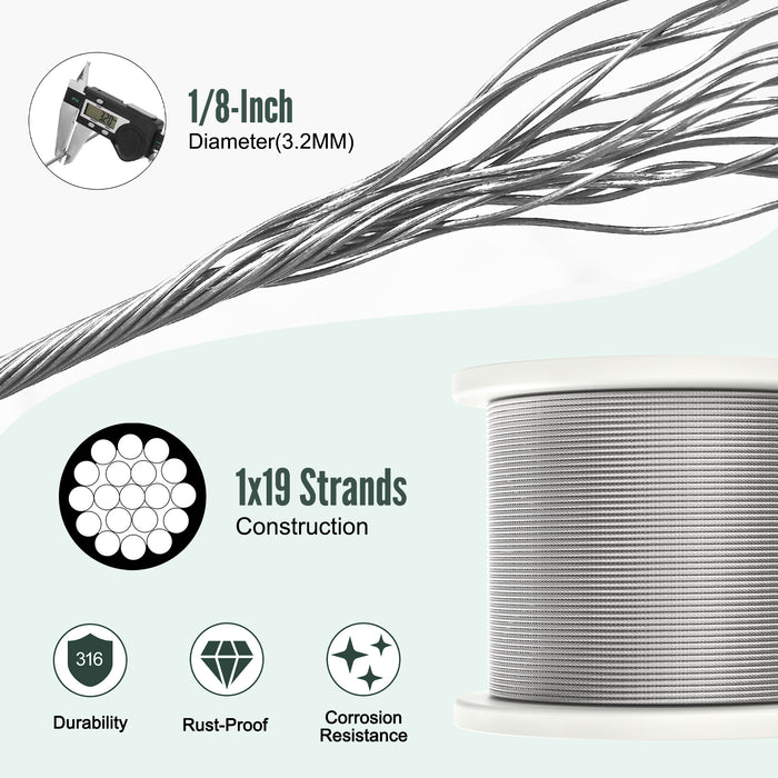 Close-up of 1x19 strand construction showing the smooth surface and high strength of the 1/8 inch cable.