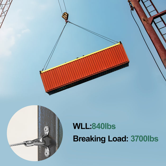 Technical specs: 3/16" black cable with 3700 lbs breaking strength and 840 lbs working load limit.