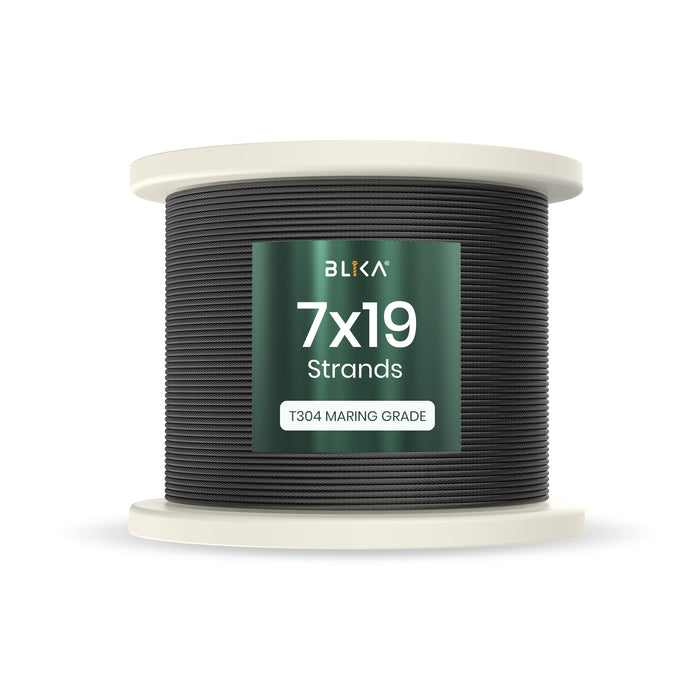 BLIKA 3/16" Black T304 Stainless Steel Cable, 7x19 Strand Wire Rope with Matte Black Finish.