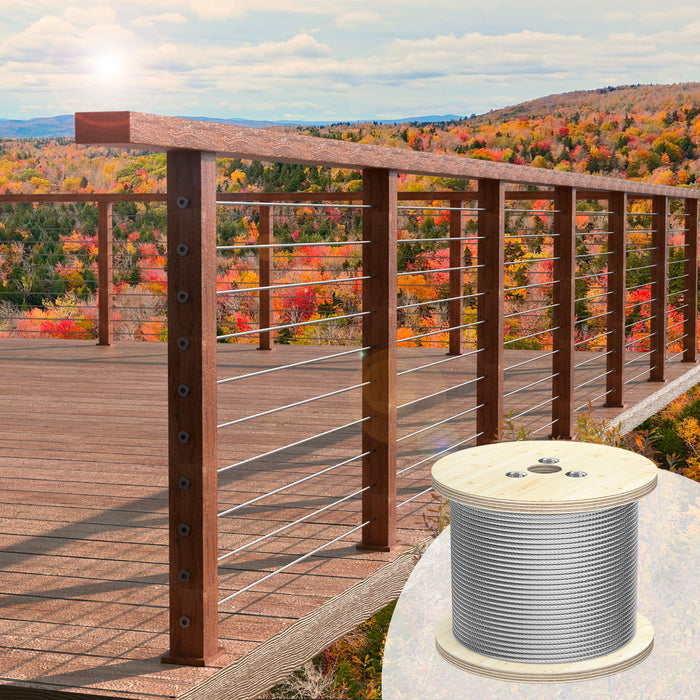 Modern cable railing installation using 3/16" 7x19 wire rope on a professional deck system.