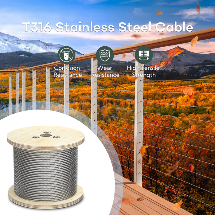 3/16" stainless steel cable installed on an outdoor wood post deck railing system.