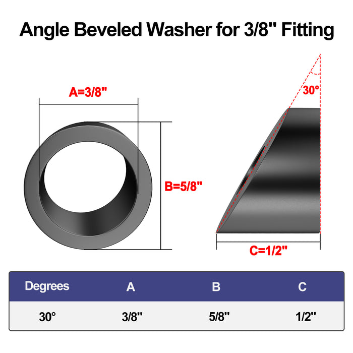 Technical dimension chart for black beveled washer with 3/8 inch inner diameter for 1/8" and 3/16" studs