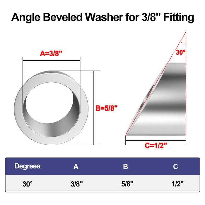 Technical dimensional drawing of 3/8" ID silver beveled washer for 1/8" and 3/16" cable terminals.