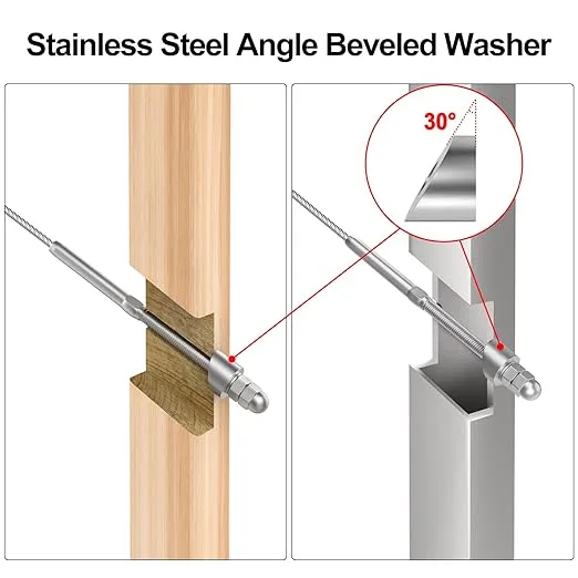 Side view of a 30 degree stainless steel angled washer showing the beveled slope for stair railing.