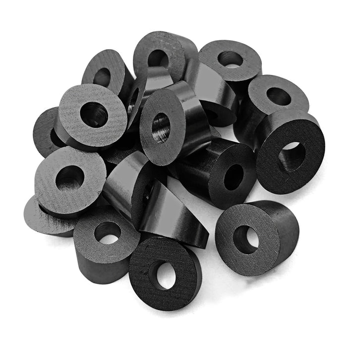 Multiple black 30 degree beveled washers for residential cable railing stair projects.