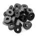 Multiple black 30 degree beveled washers for residential cable railing stair projects.