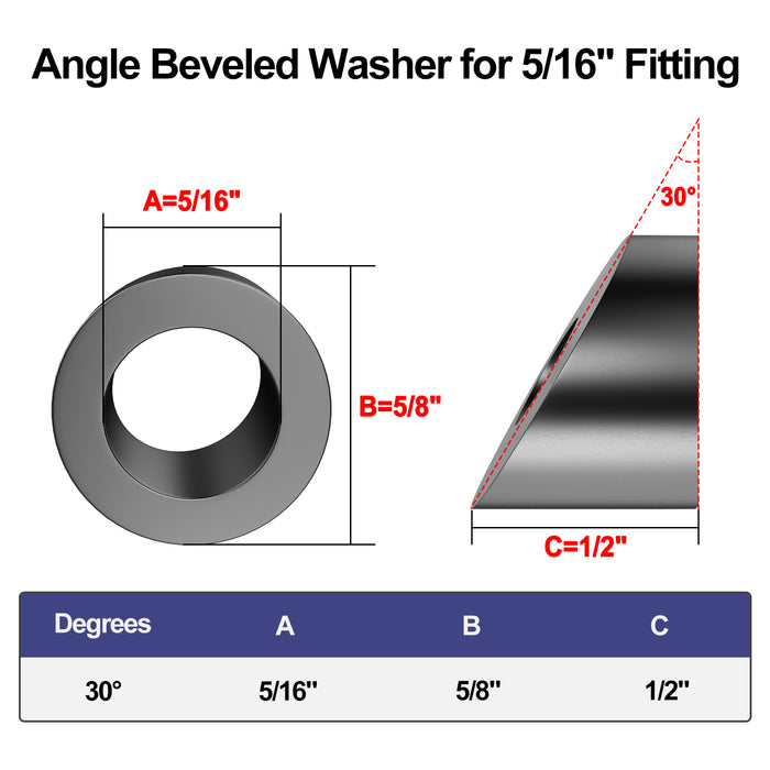Technical dimensional drawing of 5/16" ID black beveled washer for 1/8" and 3/16" cable studs.