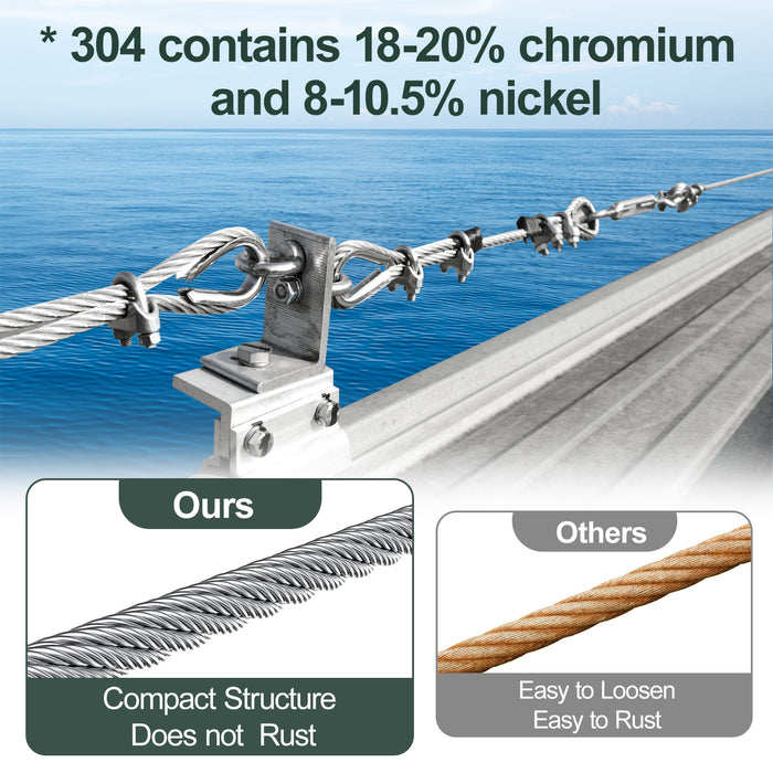 3/16" 7x19 stainless steel cable installed on a large outdoor deck for a robust and safe barrier.