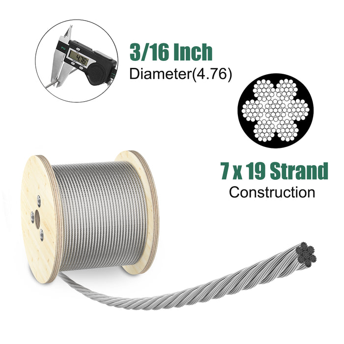 Detailed close-up of 7x19 strand construction (133 individual wires) for maximum flexibility.