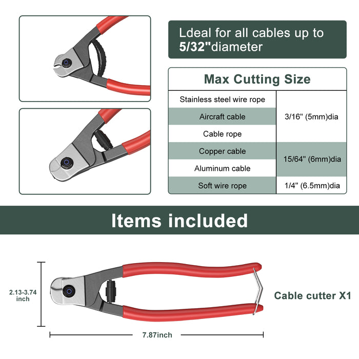 Dimensional specifications of the 8 inch high-leverage wire rope cutter tool.