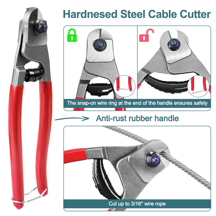 Heavy duty 8 inch wire rope cutter included in the kit, provides clean cuts for 1/8" and 3/16" cables.