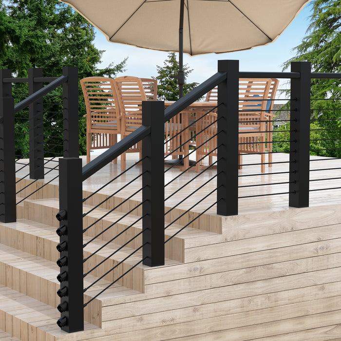 Multiple black 30 degree beveled washers for cable railing hardware, matte black finish.
