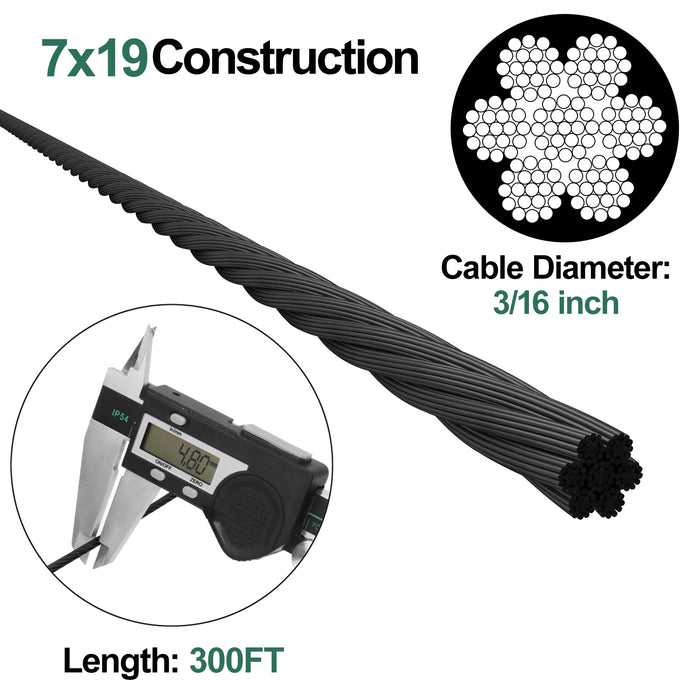 Close-up of 7x19 strand construction on black stainless steel cable, showing 133 high-strength wires.