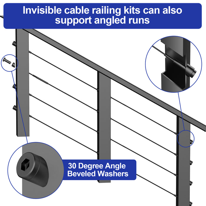 Top view of a black 30 degree beveled washer, ideal for metal stair railing posts.