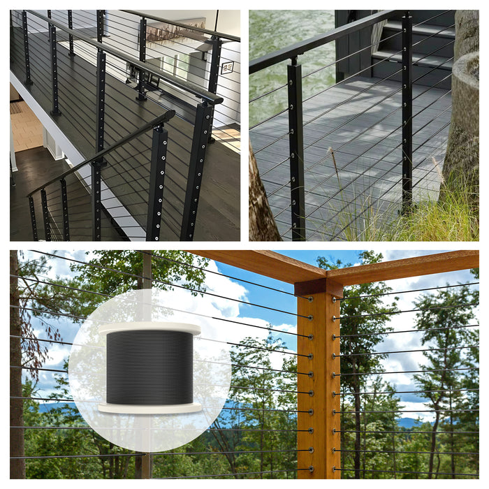 Modern deck railing installation featuring 3/16" black stainless steel cable on wooden posts.