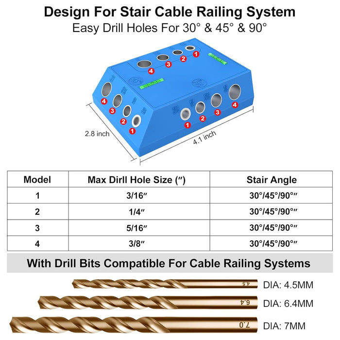 Drill guide jig featuring precision 30, 45, and 90 degree holes for stair and deck railing posts.