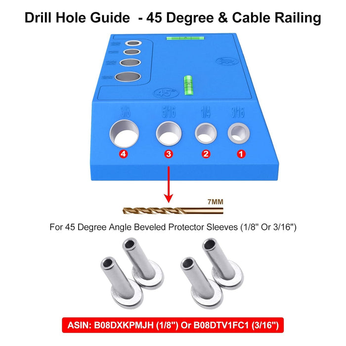 Multi-angle drill guide with 4 sizes of guide holes (3/16", 1/4", 5/16", 3/8") for various cable bolts.