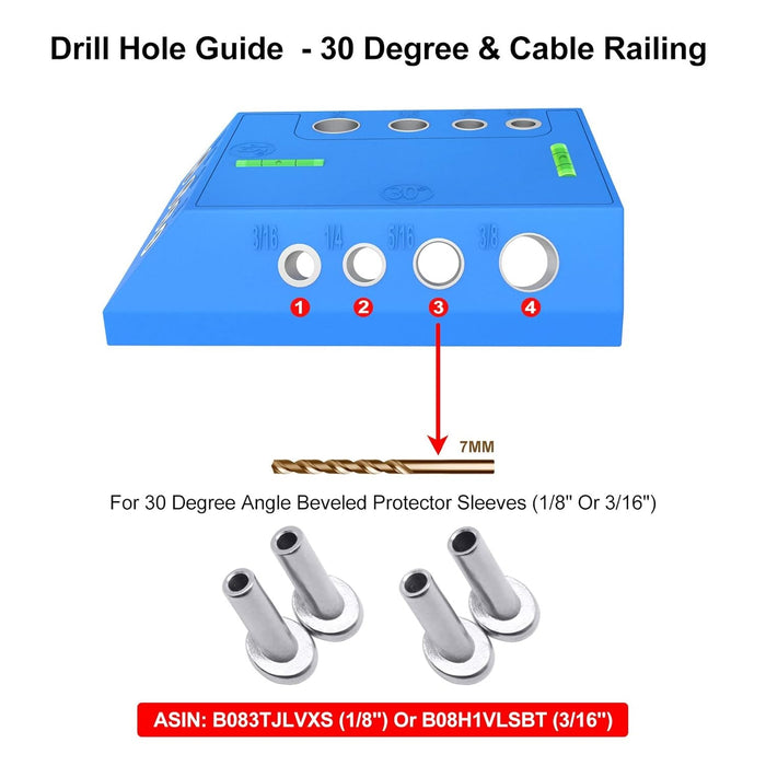 Multi-angle drill guide with 4 sizes of guide holes (3/16", 1/4", 5/16", 3/8") for various cable bolts.