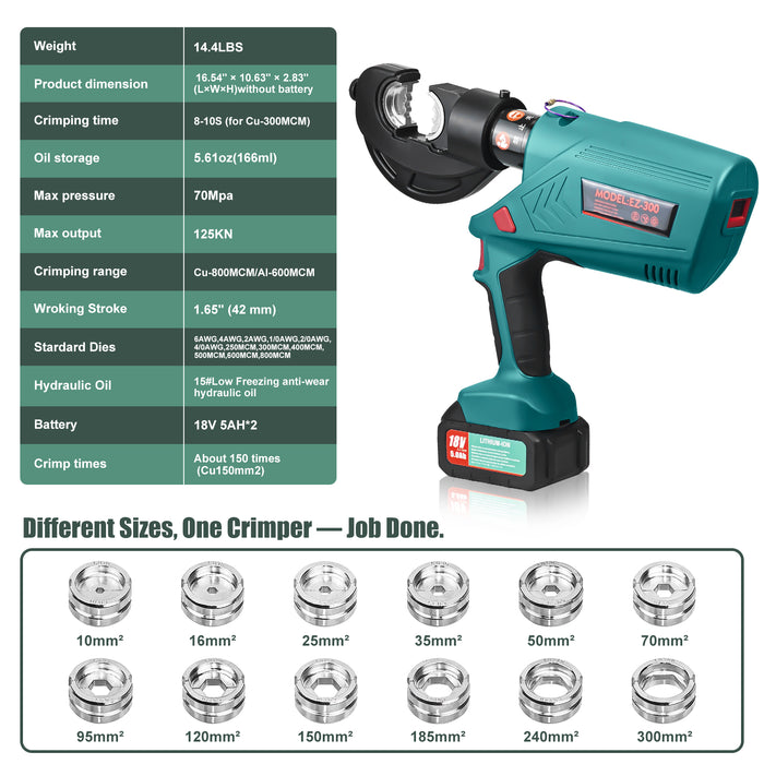 Full set of interchangeable dies for electric crimper, compatible with 1/8" and 3/16" hardware.