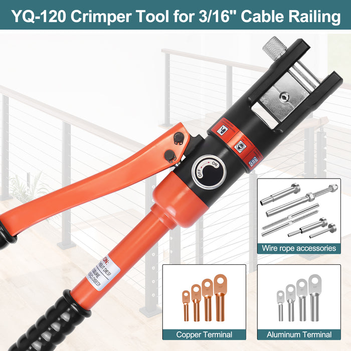 Close-up of the upgraded hydraulic crimper with interchangeable dies for securing cable railing terminals.