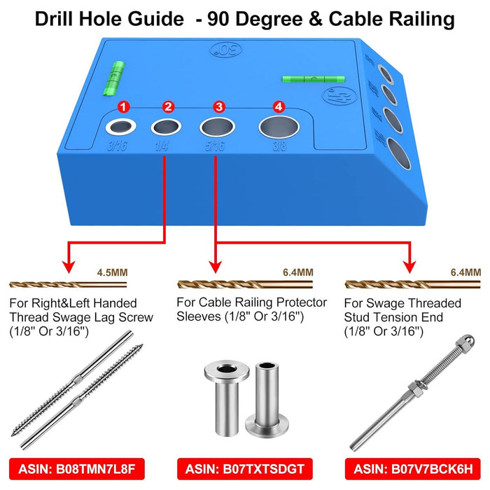 Complete multi-angle drill guide kit including specialized drill bits for cable railing projects.