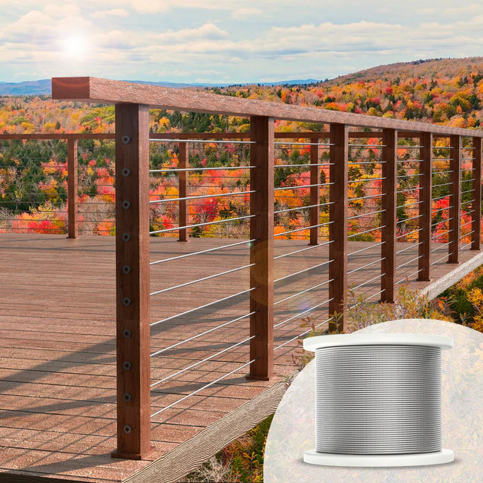 1/8" stainless steel cable installed in a modern residential cable railing system with wood posts.