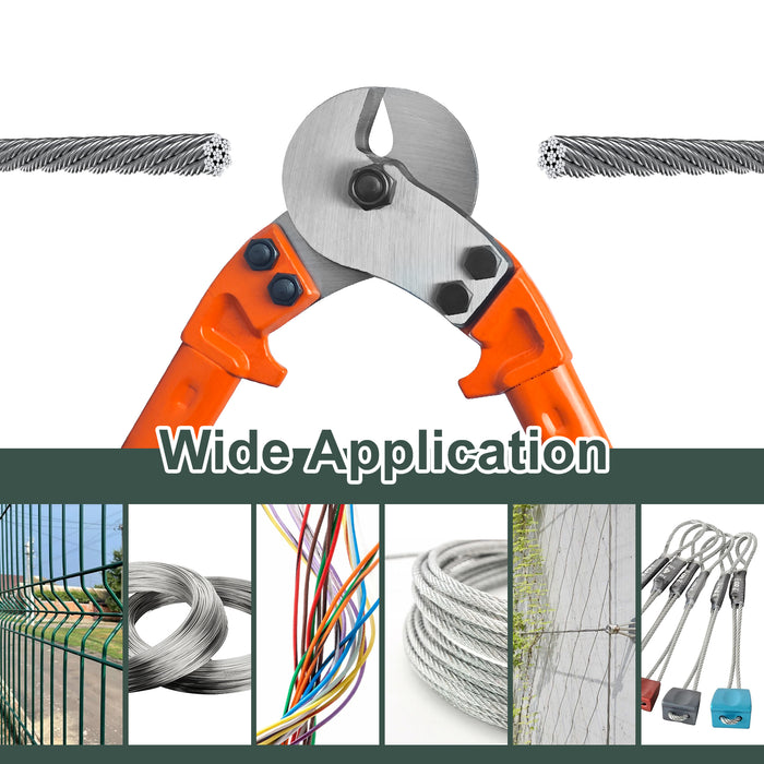 Clean, fray-free cutting performance on thick stainless steel cables using 18" heavy duty cutter.