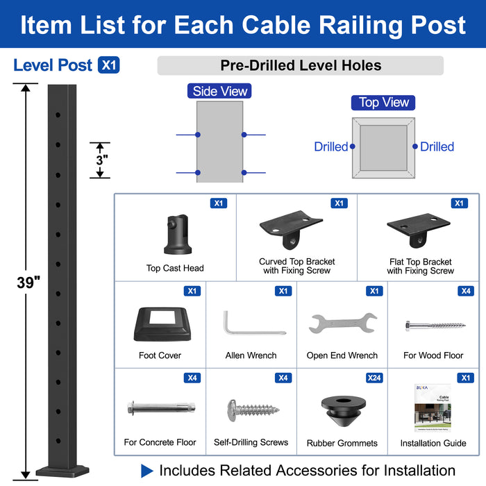 BLIKA 42" Horizontal Drill Flat Top Cable Railing Post