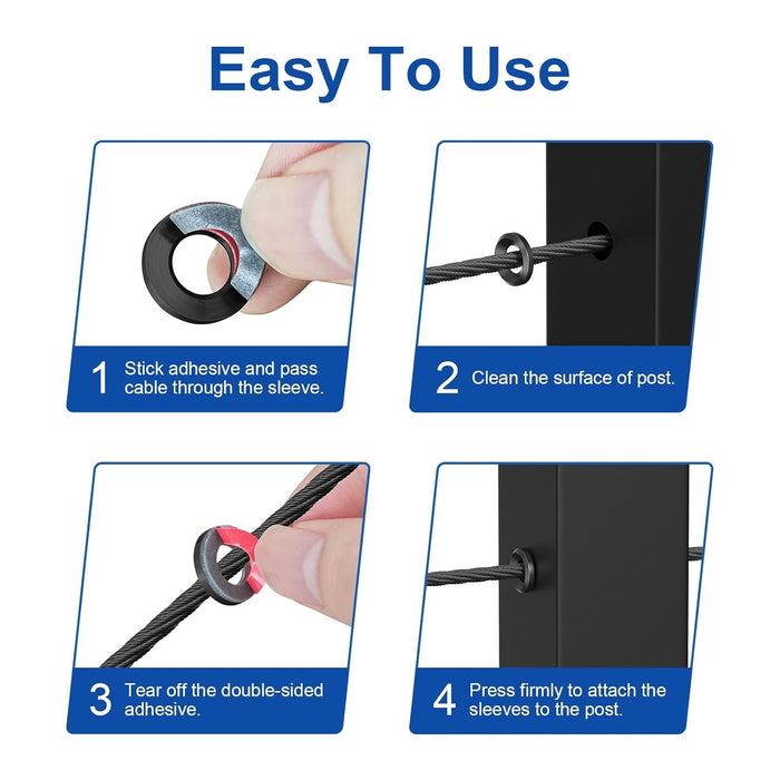 BLIKA 20-Pack Black Cable Railing Adhesive Sleeves, T316 Stainless Steel Protector for 1/8" 3/16" Wire Rope on Metal & Wood Posts