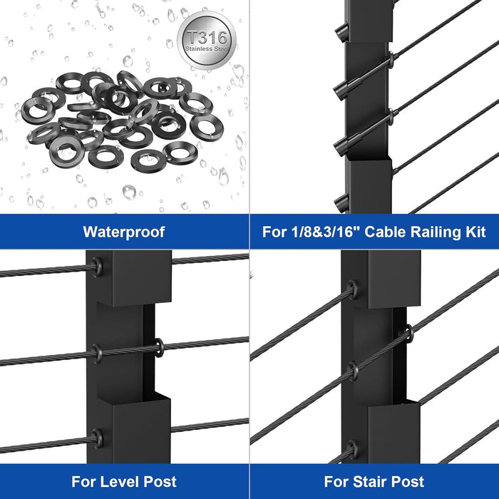 BLIKA 20-Pack Black Cable Railing Adhesive Sleeves, T316 Stainless Steel Protector for 1/8" 3/16" Wire Rope on Metal & Wood Posts