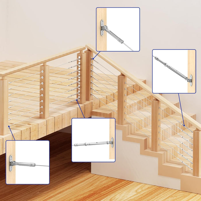 BLIKA Patented Adjustable Angle 1/8" Cable Railing Kit for Wood Post