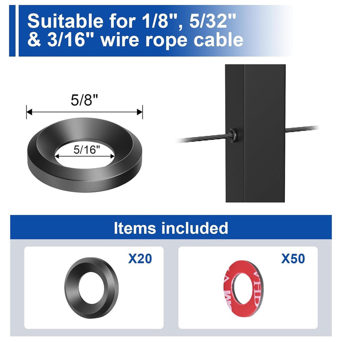 BLIKA 20-Pack Black Cable Railing Adhesive Sleeves, T316 Stainless Steel Protector for 1/8" 3/16" Wire Rope on Metal & Wood Posts