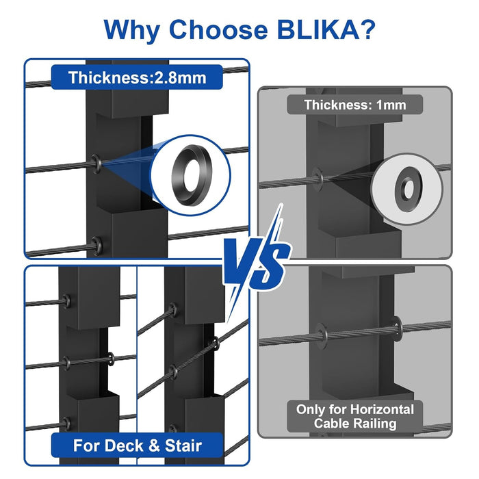 BLIKA 20-Pack Black Cable Railing Adhesive Sleeves, T316 Stainless Steel Protector for 1/8" 3/16" Wire Rope on Metal & Wood Posts