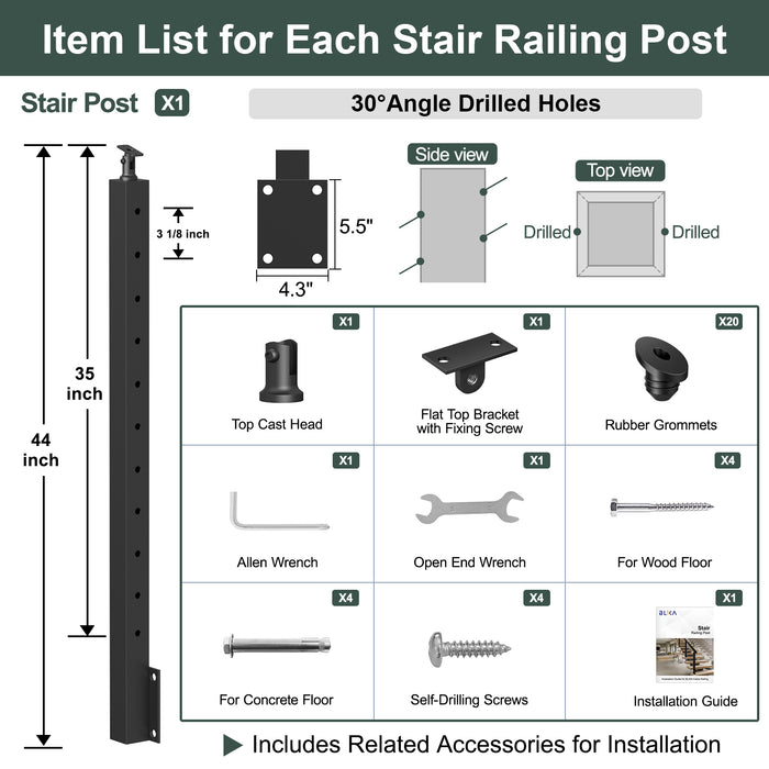 BLIKA 36" Angle Drilled Side Mount Post for Cable Railing