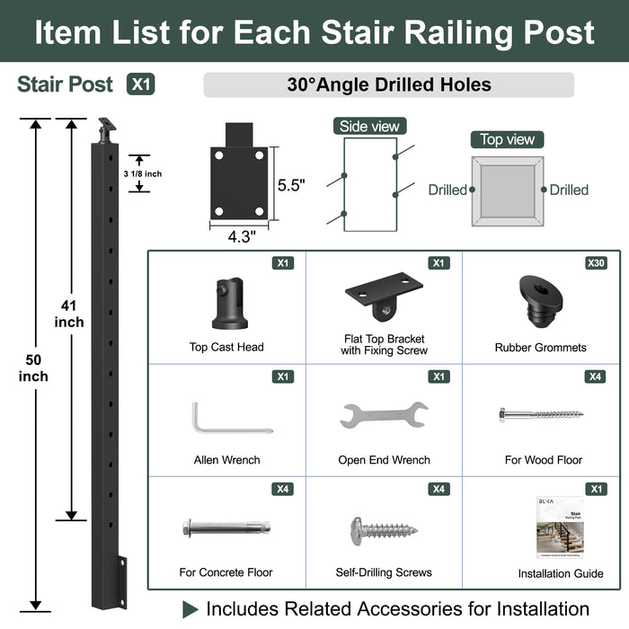 BLIKA 42" Angle Drilled Side Mount Post for Cable Railing