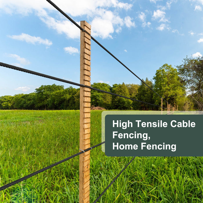 Modern coastal deck railing featuring 3/16" black T316 cable on dark wood posts.