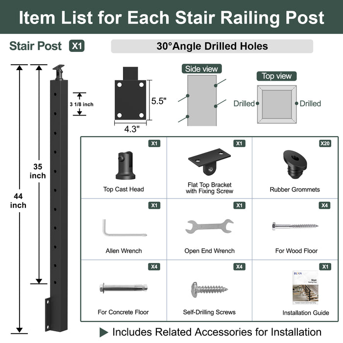 BLIKA 36" Angle Drilled Side Mount Post for Cable Railing